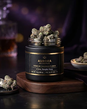 Aurora Reserve premium flower jar, strain Purple Haze